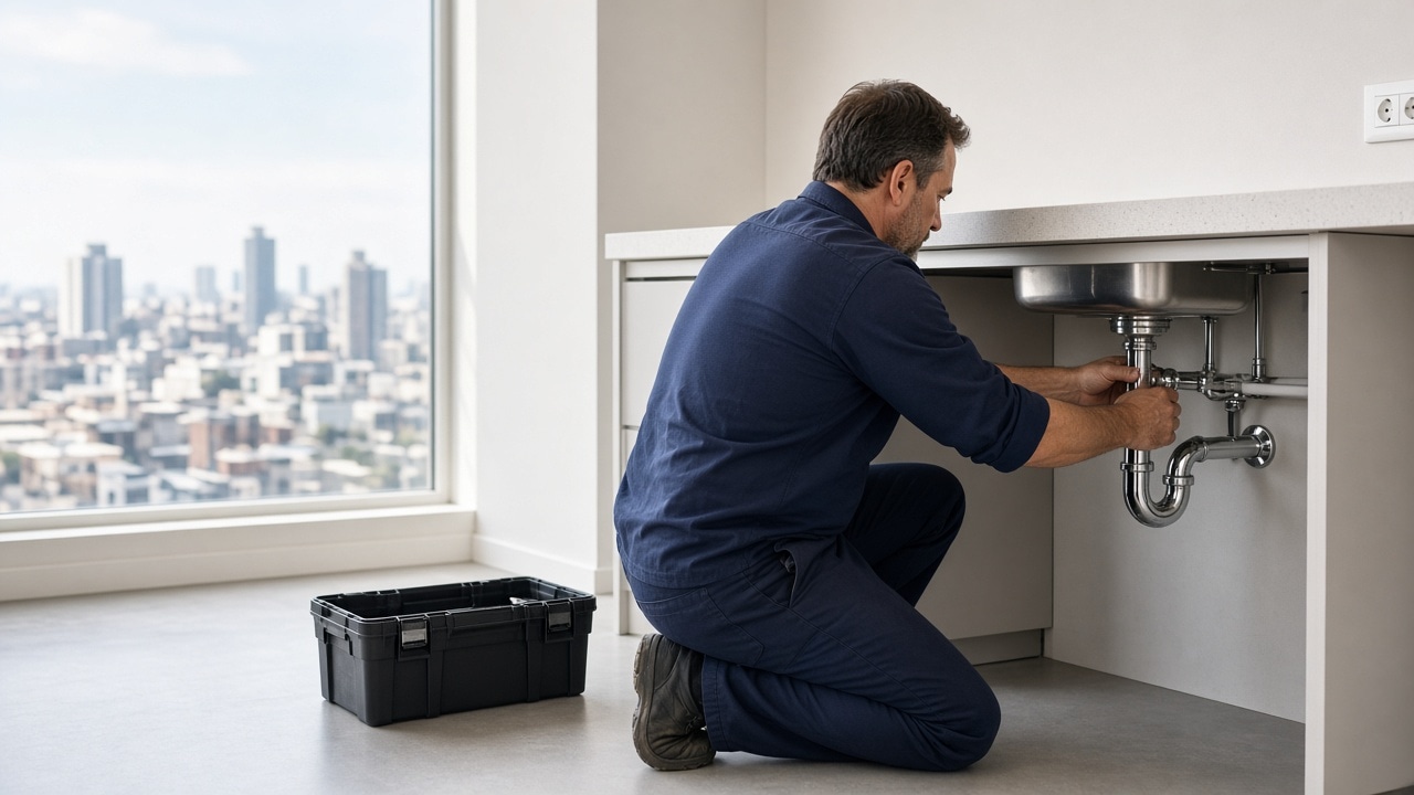 Técnico sanitario trabajando bajo la mesada